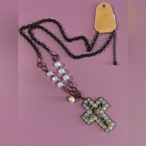 New Vintage-Inspired Brass Pearl and Crystal Cross Necklace